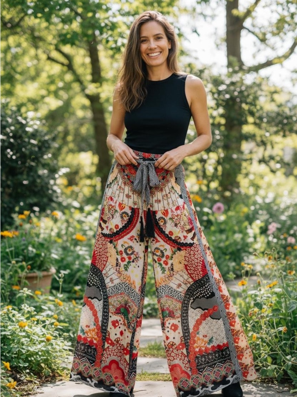 Camilla Multicolor Printed Maxi Skirt in Red, Black and Cream